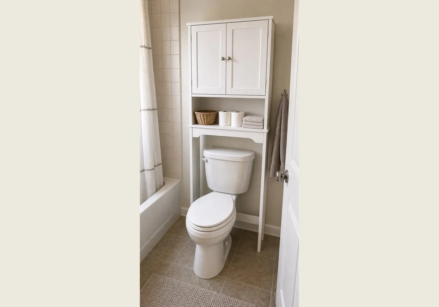A white over-toilet storage cabinet standing around a toilet in a compact bathroom with upper doors, an open shelf, spare paper rolls, and dry towels