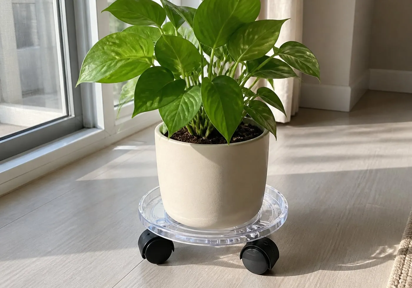 A modest indoor plant centered on a transparent round rolling plant caddy with black caster wheels near a bright apartment window