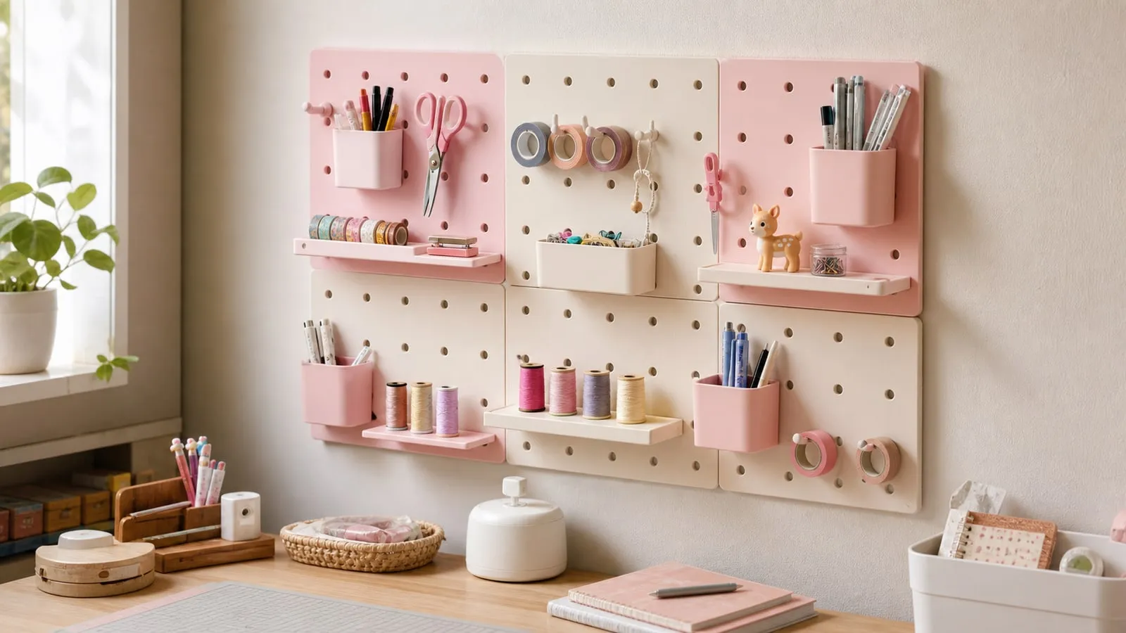 A pastel pink and white pegboard organizer mounted above a small craft desk with lightweight stationery arranged on it