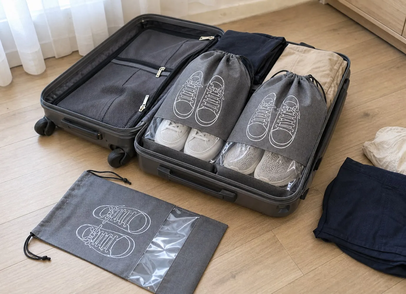 An open suitcase with grey travel shoe bags holding dry shoes beside folded clothes