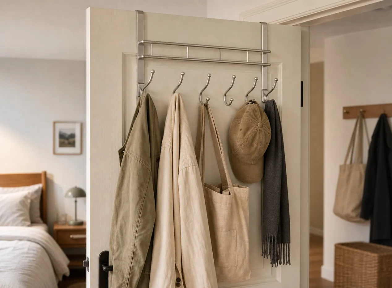 Metal over-door hook rack on a bedroom door