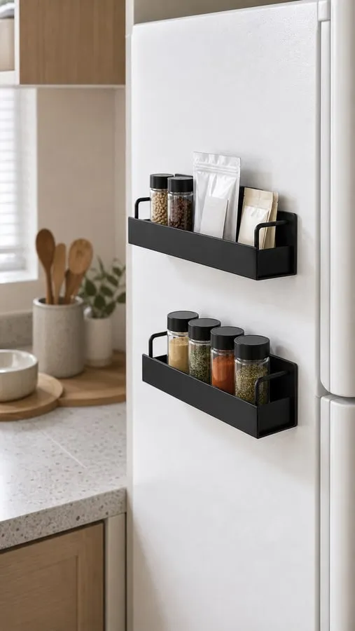 Two black magnetic spice racks on the side of a white refrigerator with a few small sealed jars inside
