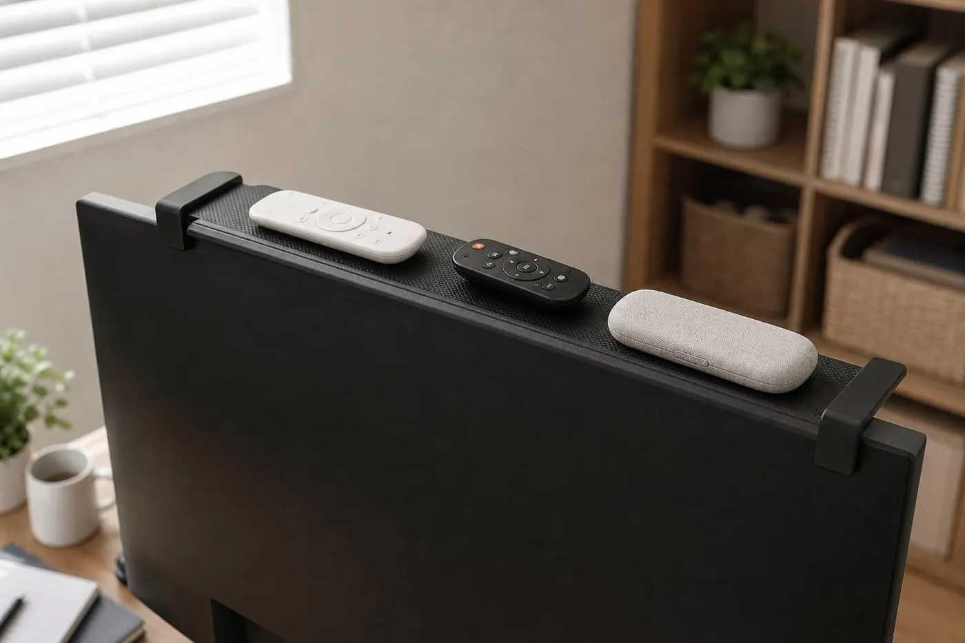 Black screen-top shelf clipped to a monitor with remotes on top