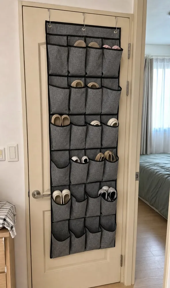 A grey over-door shoe pocket organizer hanging on a bedroom door with light shoes placed in some pockets