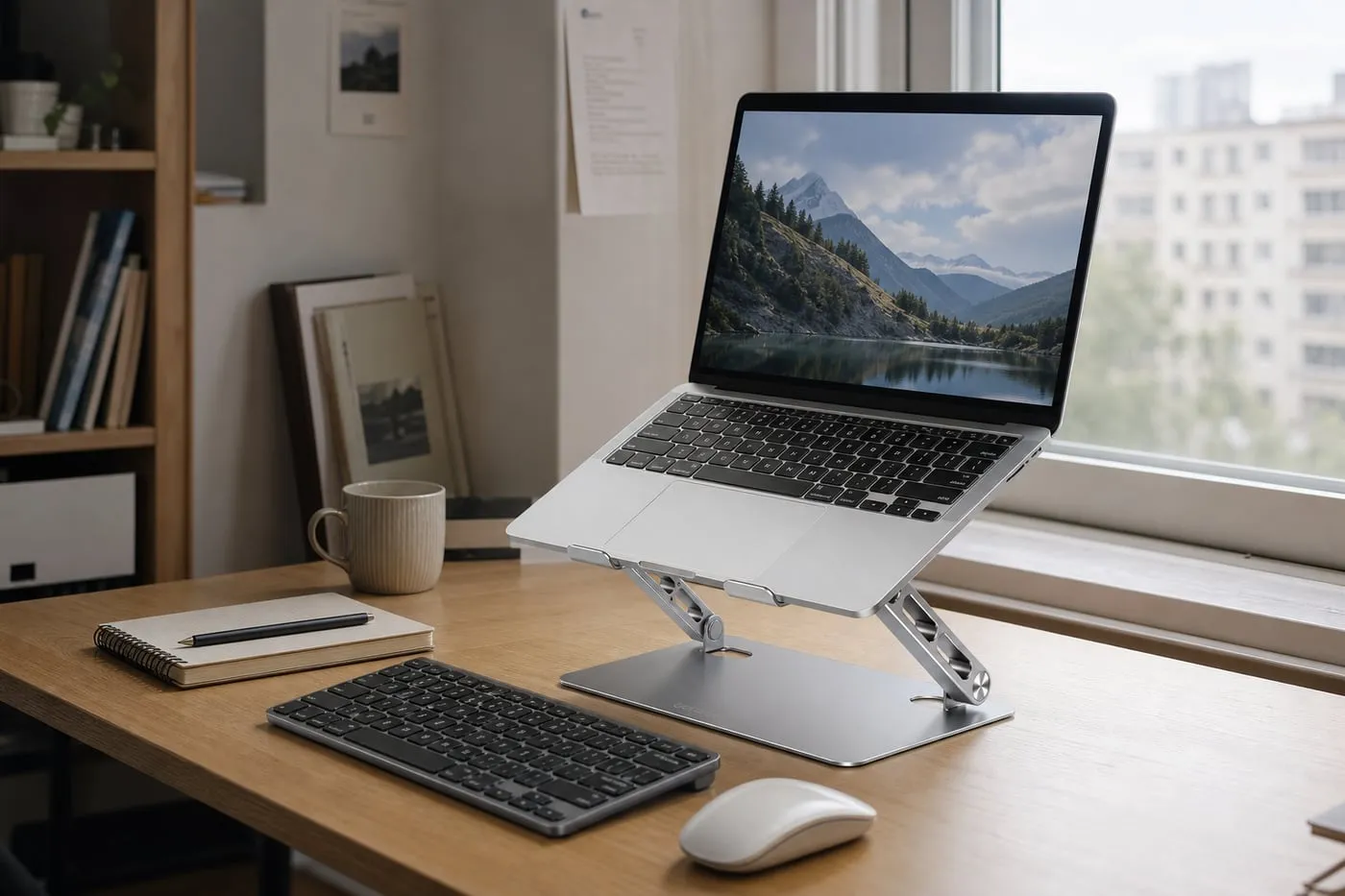 UGREEN-style foldable laptop stand on a work desk