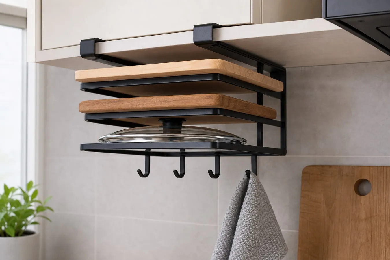 A black metal under-cabinet hanging rack below a bright kitchen cabinet holding thin cutting boards, a flat lid, and a small cloth
