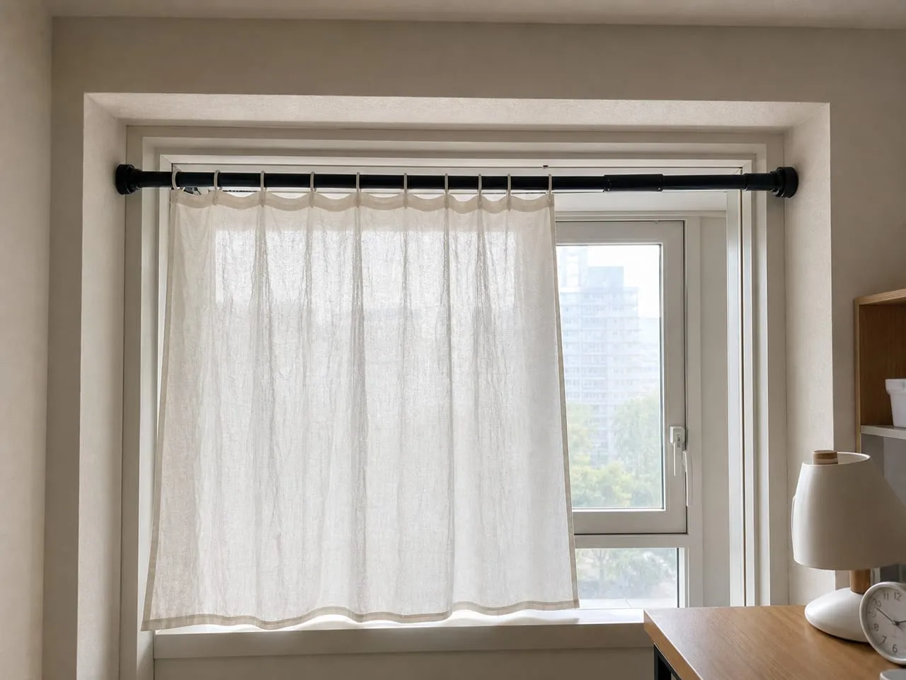 No-drill tension curtain rod installed inside a window recess with a light curtain