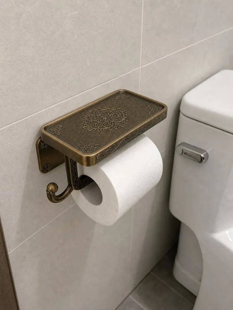 A shelf-style toilet paper holder mounted on a dry bathroom tile wall with a roll installed