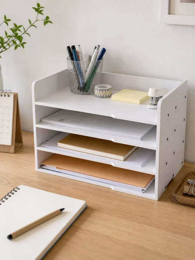 A white open-front multi-layer paper tray on a desk holding light printouts, envelopes, a thin notebook, and a slim folder
