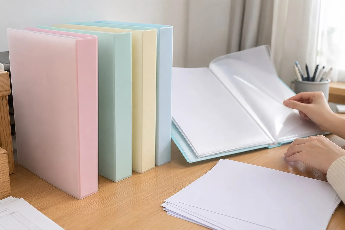 Several pastel A4 pocket folders standing on a desk while loose white papers are being sorted nearby
