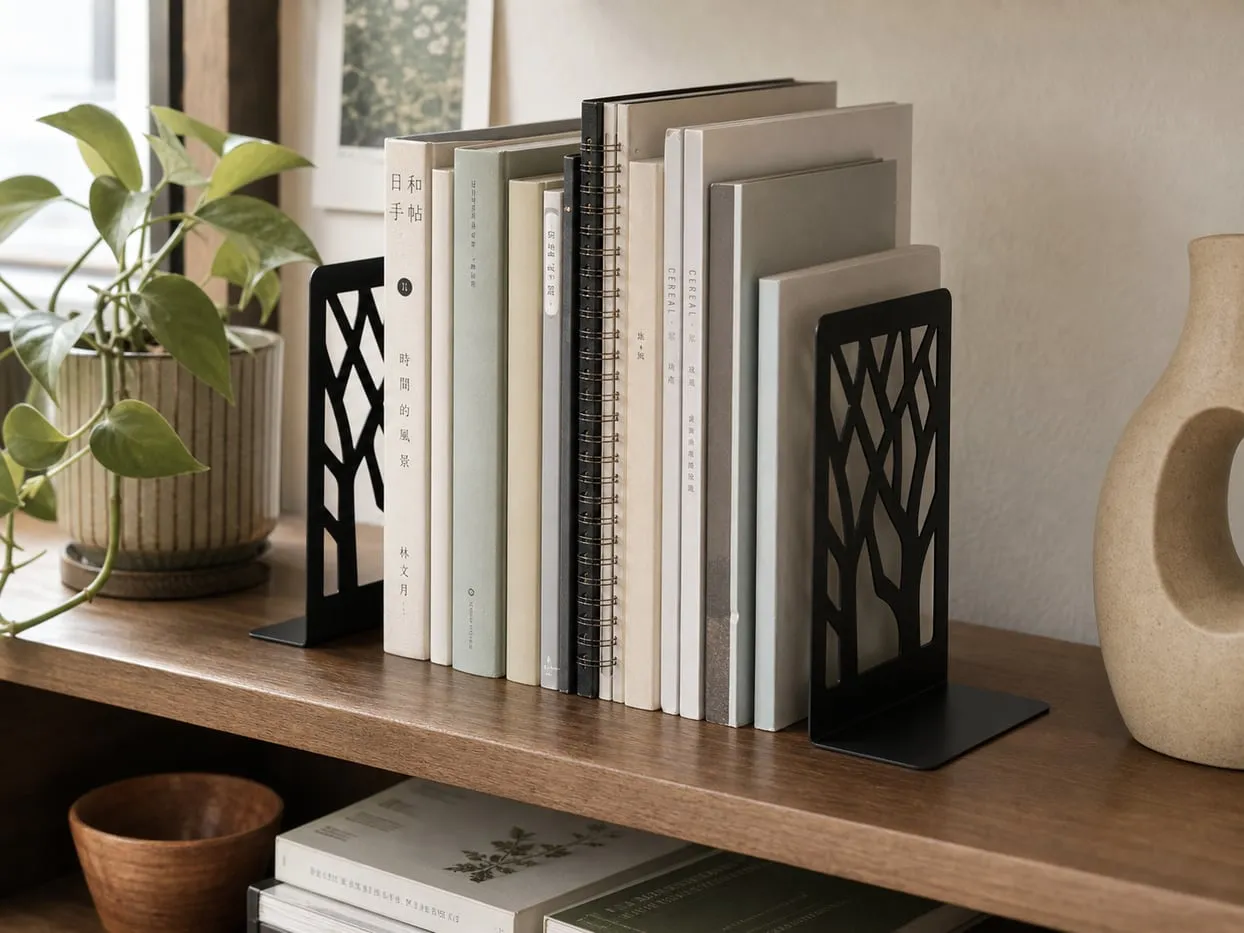 Black metal bookends holding books on a half-empty shelf