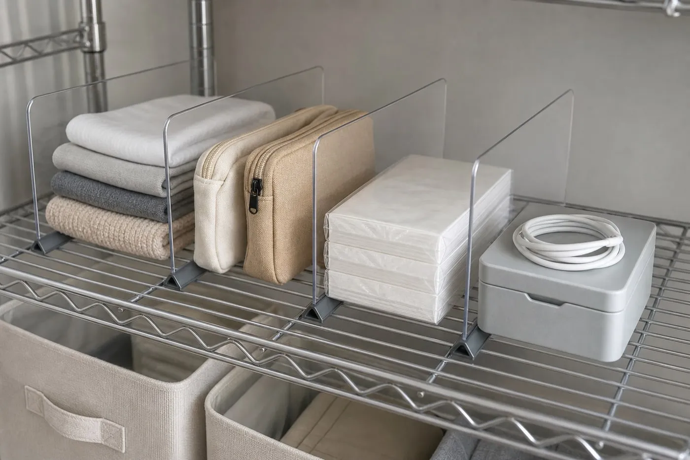 Transparent magnetic dividers creating lanes for folded cloths and pouches on a metal utility shelf