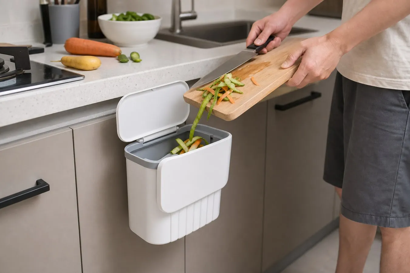 A white and gray lidded hanging bin on a lower kitchen cabinet door while vegetable peels are pushed from a cutting board into the open bin