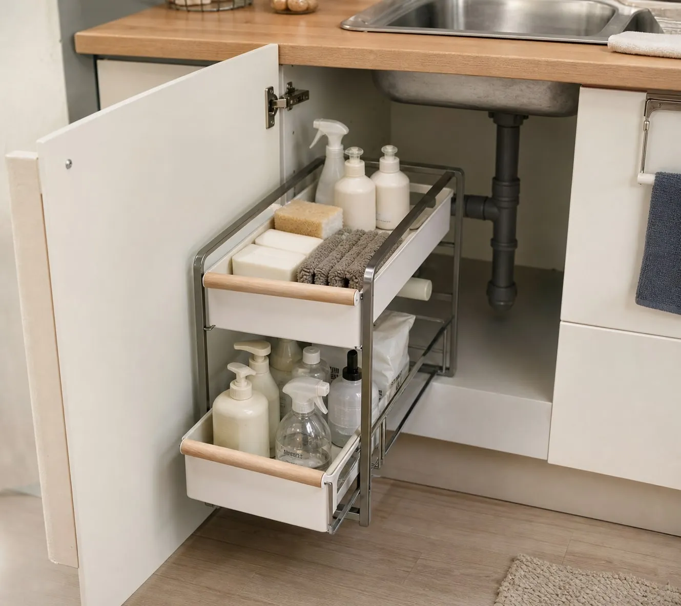 An open lower kitchen cabinet with a white pull-out organizer partly extended and holding small bottles, sponge packs, and cloths