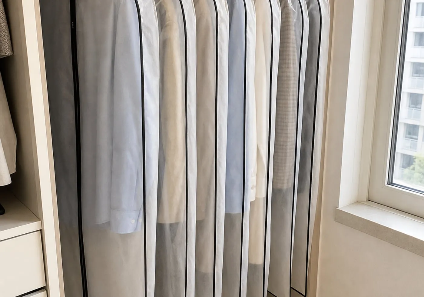Several transparent garment covers hanging on a closet rod, with shirts and light jackets visible through the covers