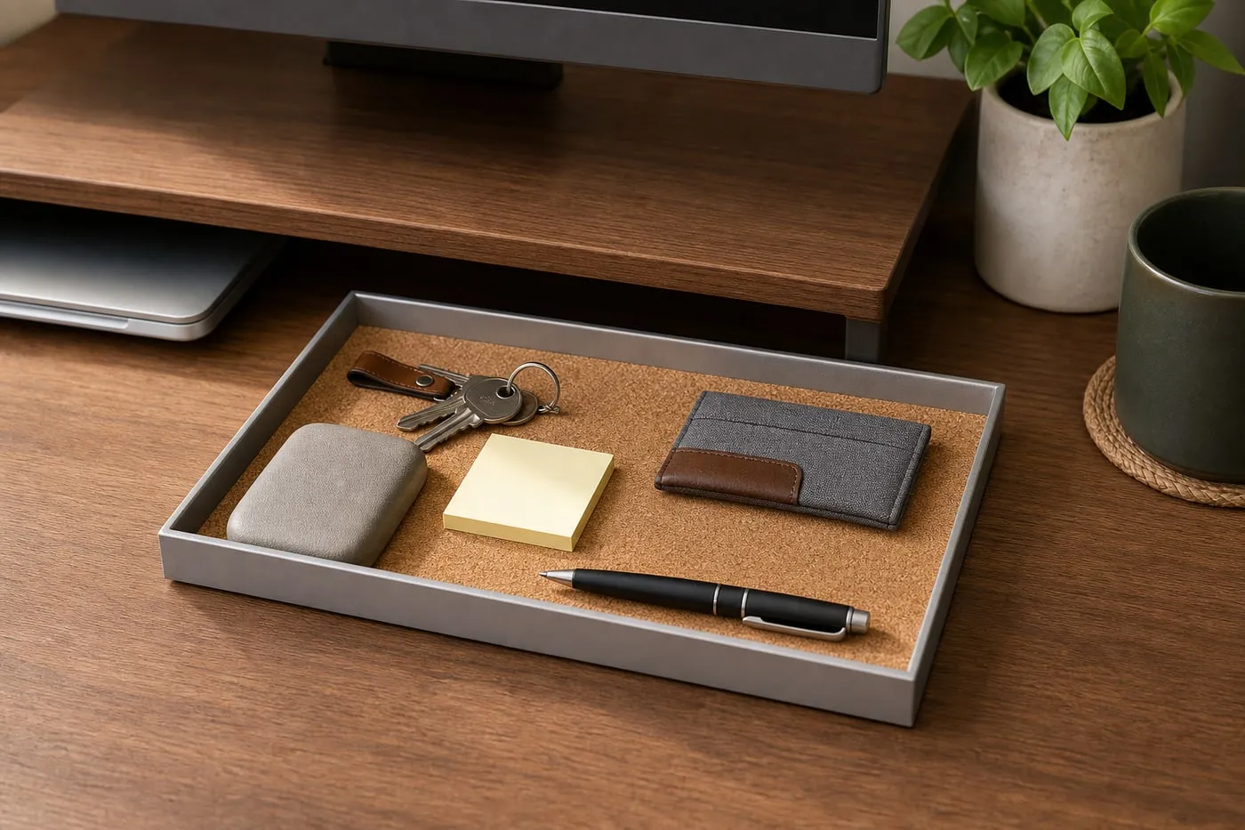 A low gray aluminum and cork desktop tray below a monitor, holding keys, card wallet, pen, sticky notes, and a glasses case