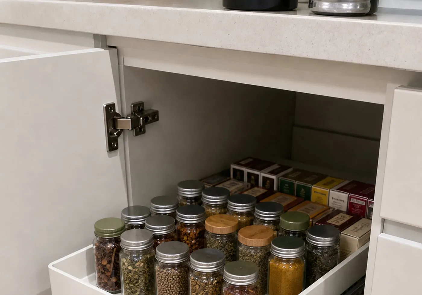 A white pull-out tray partly extended inside a deep kitchen cabinet, holding closed spice jars and small sealed seasoning boxes