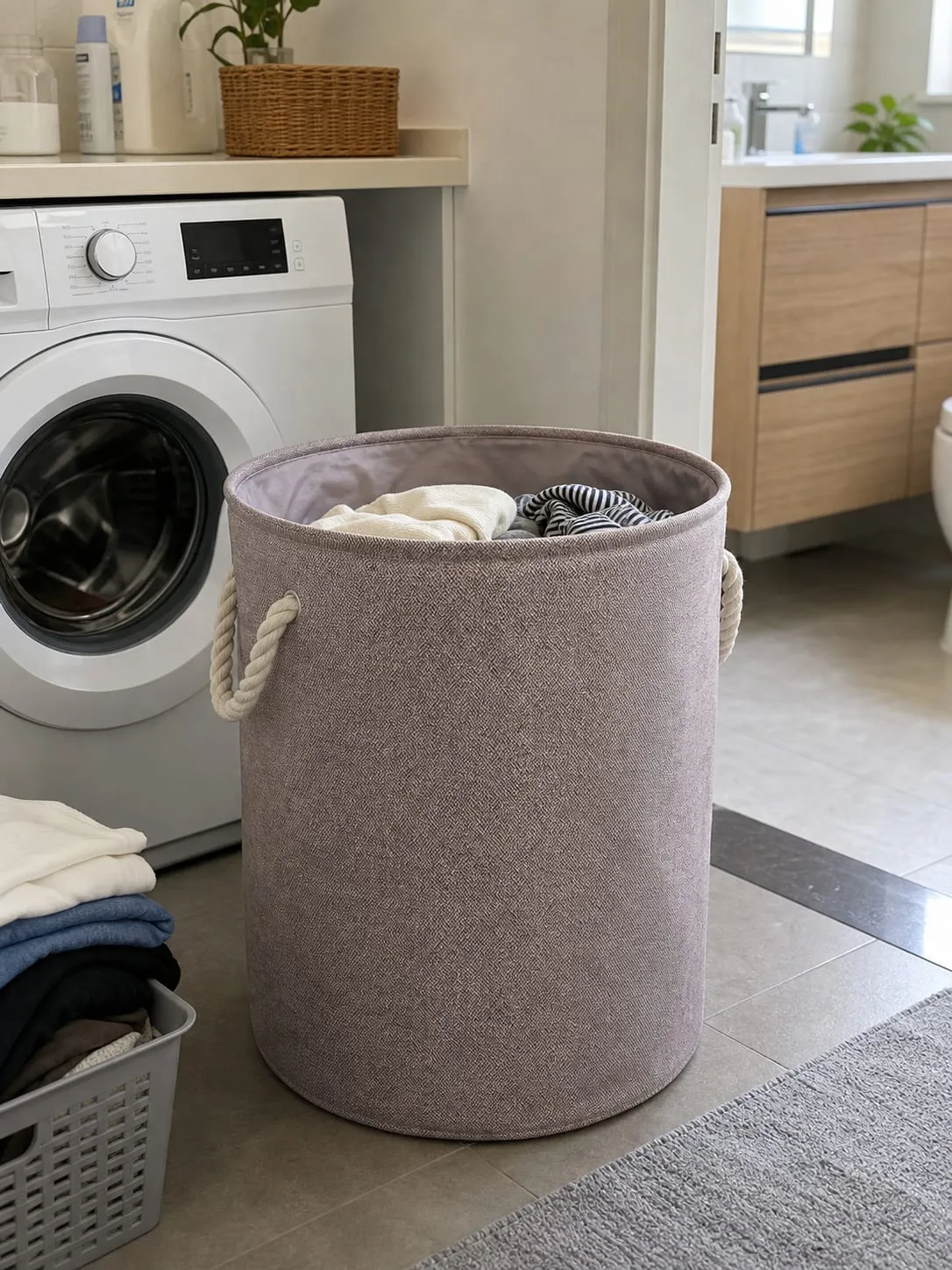 A cylindrical fabric laundry hamper standing beside a washing machine