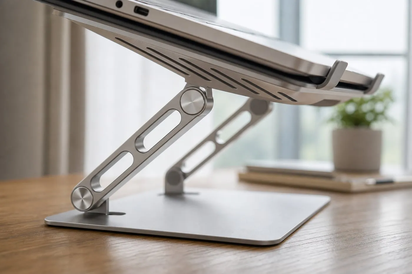 Close detail of hinge, support arm, front lip, and pads