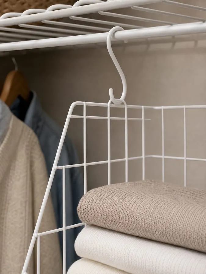 Close view of a white wire basket S hook attached to a closet rod or wire shelf edge, showing the hook fit and open grid basket shape
