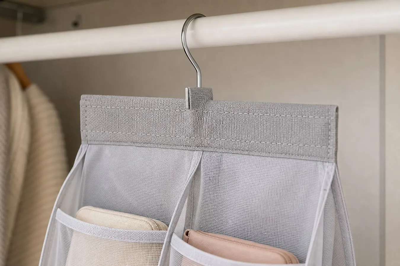 Close-up of the top hook and stitched fabric header of a hanging closet pocket organizer