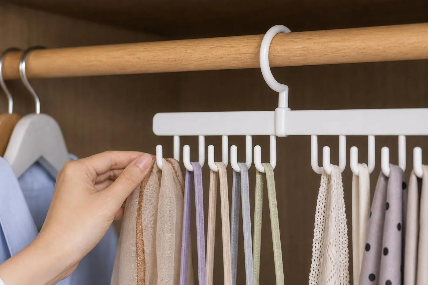 A hand checking the end of a small white plastic hook while light straps and a thin scarf hang nearby