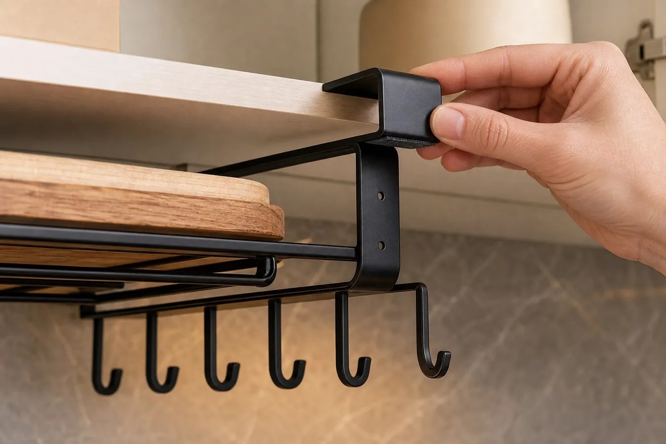 A hand checking the black metal hook of an under-cabinet rack against the front edge of a cabinet shelf