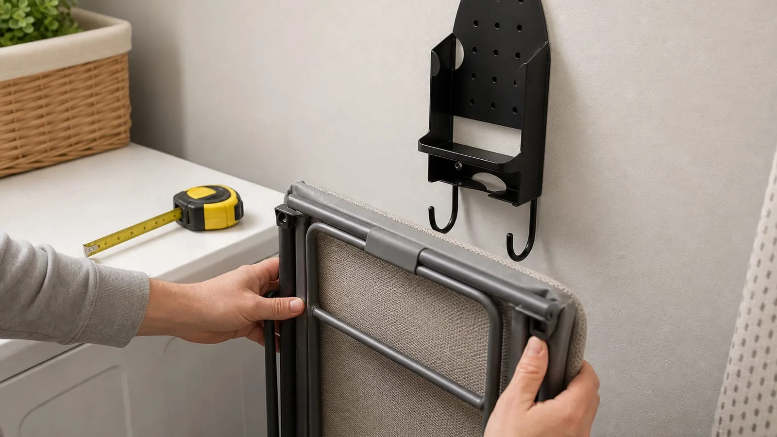A folded ironing board frame held near the two J hooks of a black wall holder to check spacing
