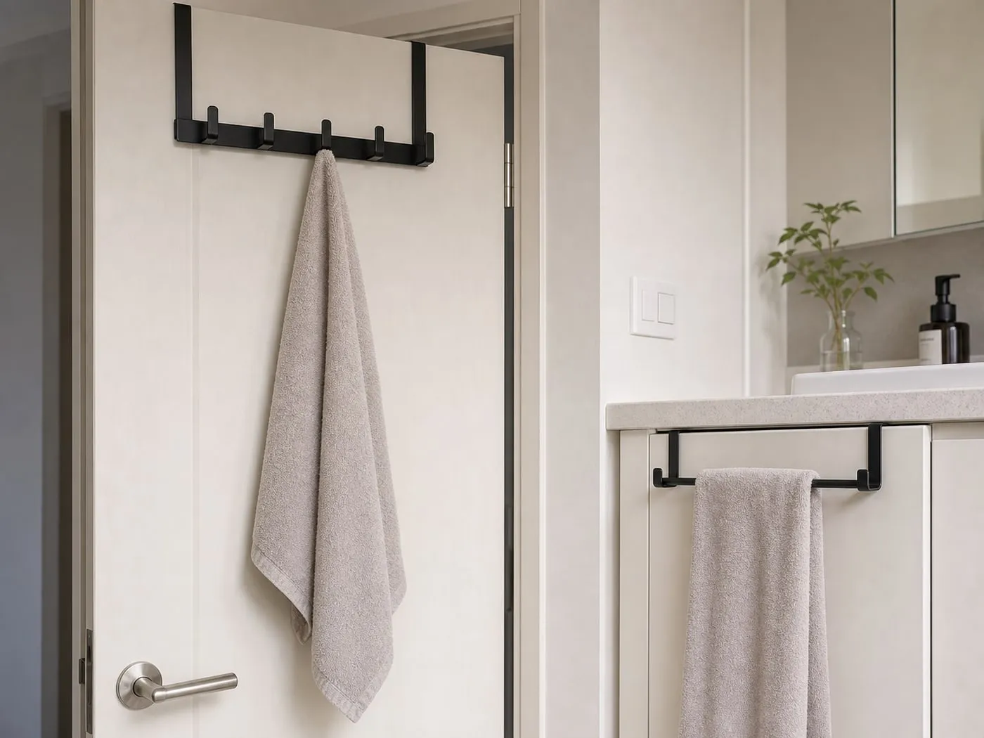 A black over-door hook rack on a room door and a slim black over-cabinet towel bar on a nearby cabinet door