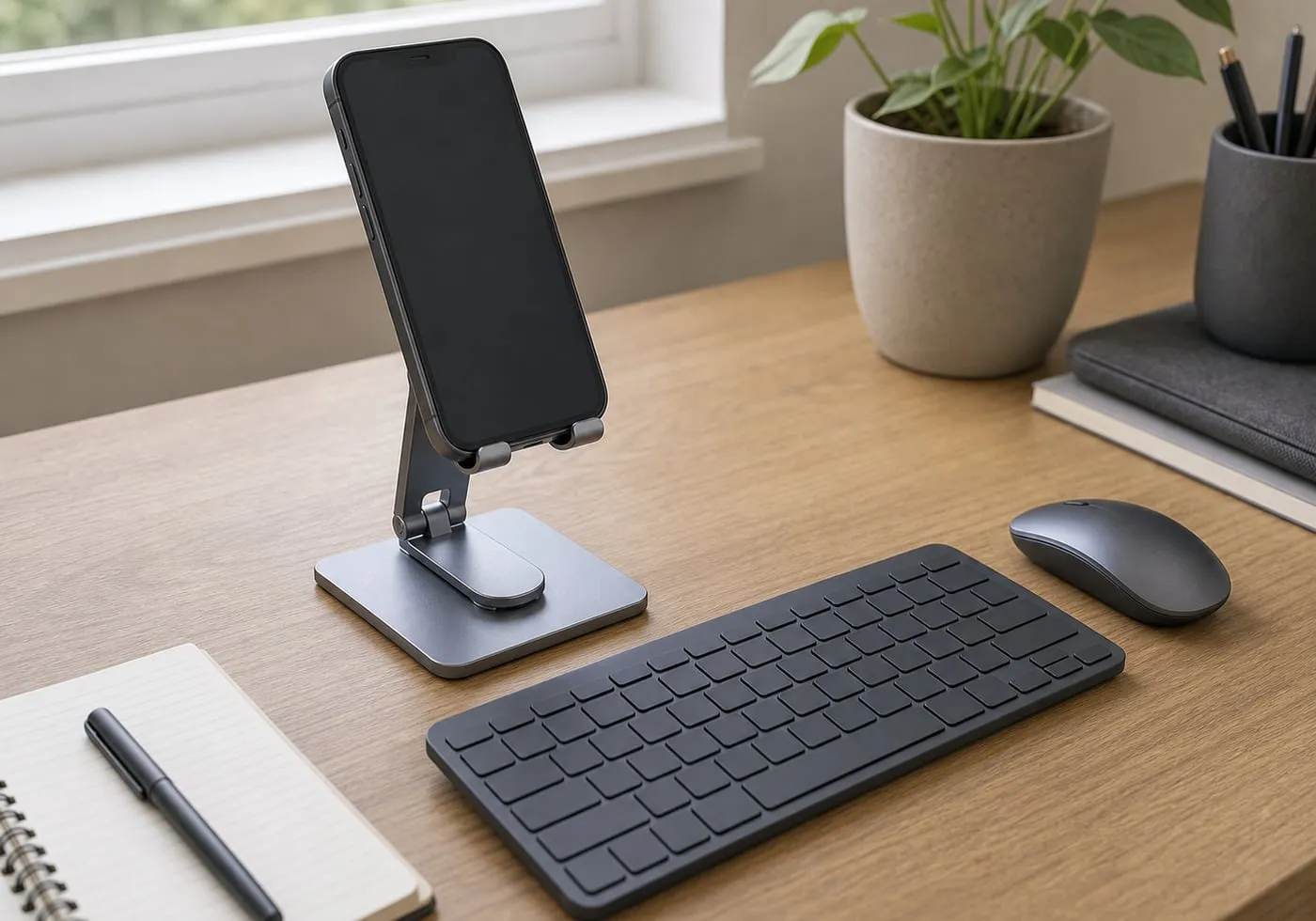 A phone on a gray foldable metal stand with a small keyboard and mouse in front on a home desk