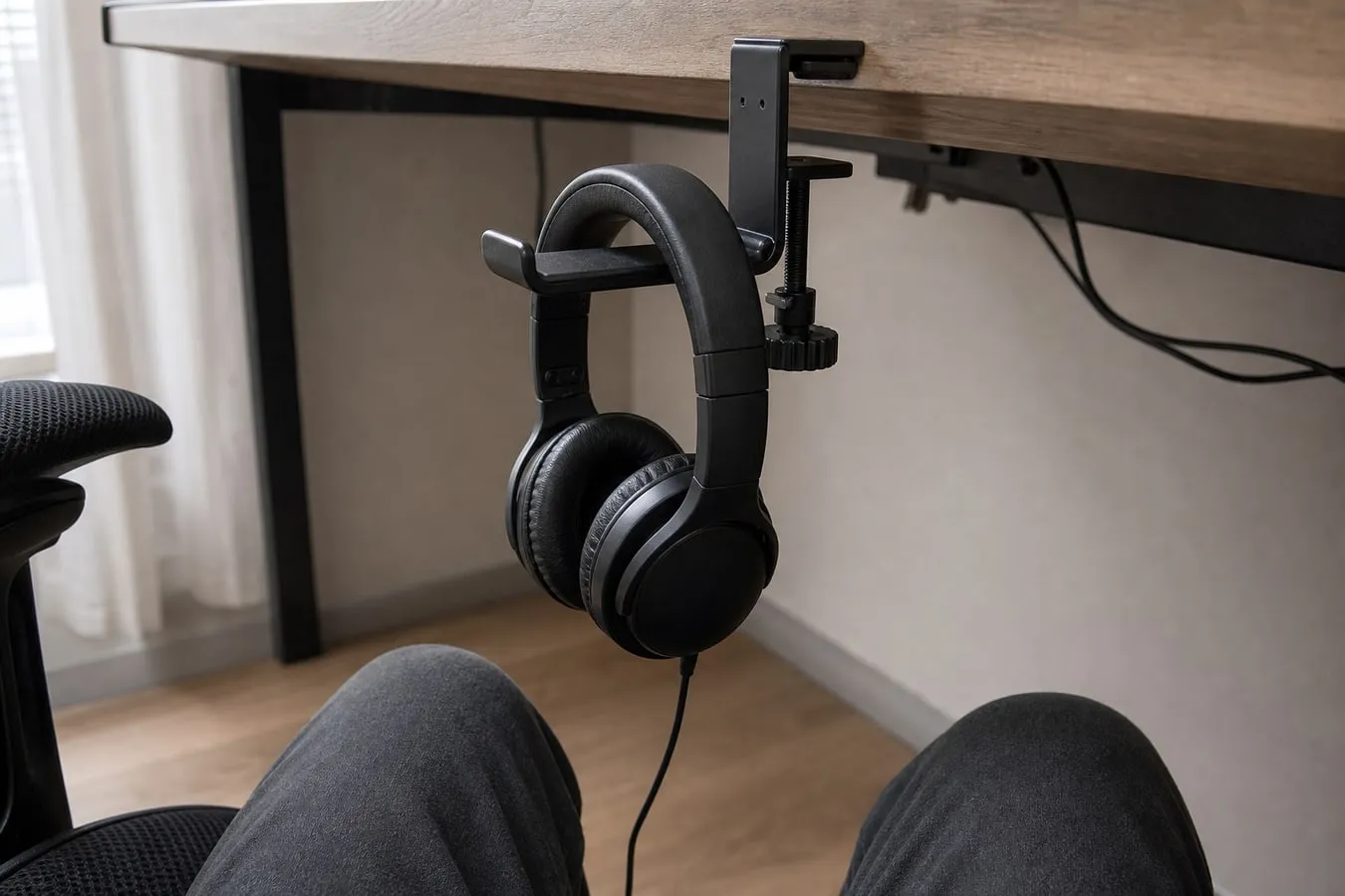 Under-desk view of a black clamp headphone hanger with a headset, showing nearby chair and knee clearance