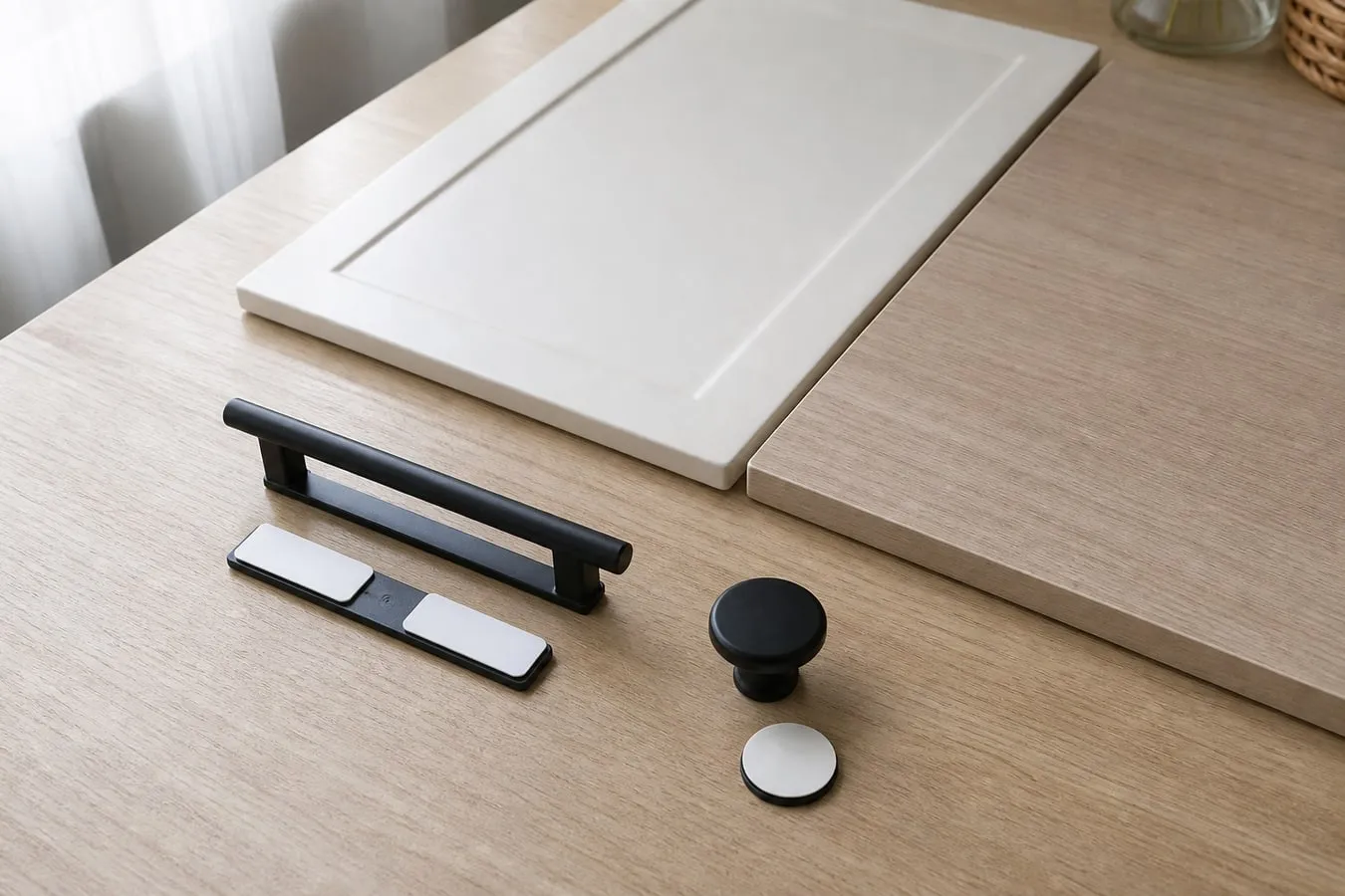 A slim adhesive bar pull and a small round adhesive knob placed beside smooth sample cabinet panels