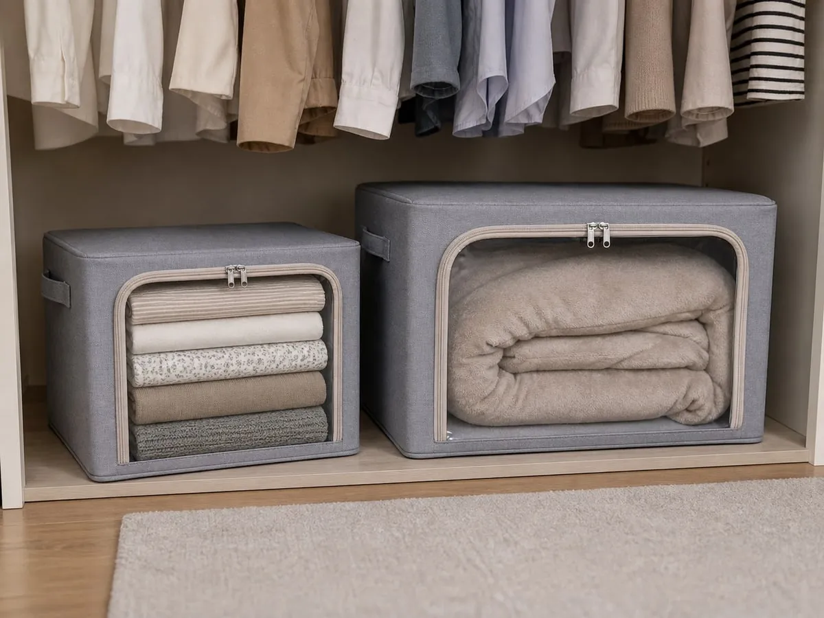 Two framed fabric bedding storage boxes on a low closet shelf, one compact box with folded sheets and one larger gray box with a folded blanket
