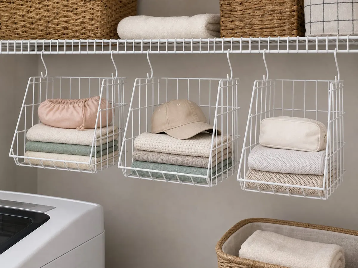 Three white wire baskets hanging under a dry laundry shelf, holding folded cloths, laundry mesh bags, a hat, and pouches only
