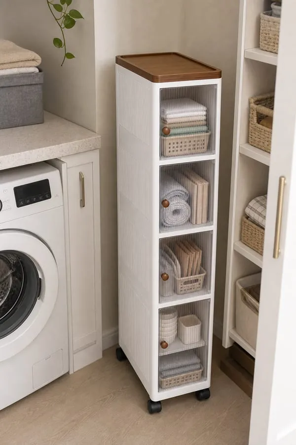 A dry laundry or pantry gap with a white slim rolling cabinet holding folded cloths, mesh laundry bags, light refill packets, and small empty containers