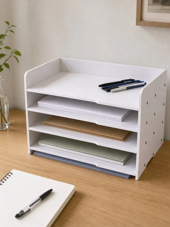 A white multi-layer tray separating blank printouts, plain envelopes, and thin folders into visible shelves