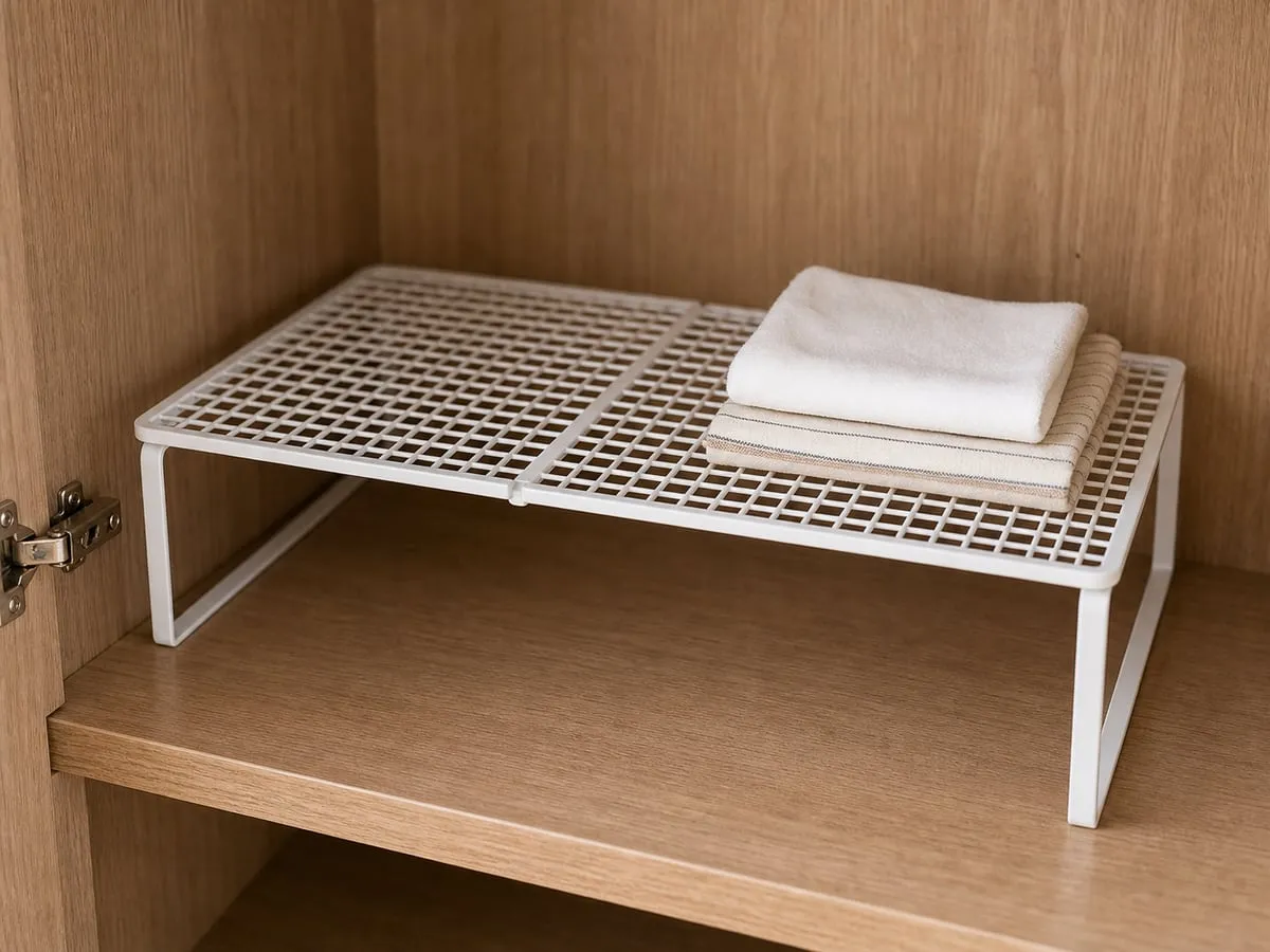 Close view of a white adjustable mesh shelf riser inside a wooden cabinet with all four legs sitting flat on the shelf