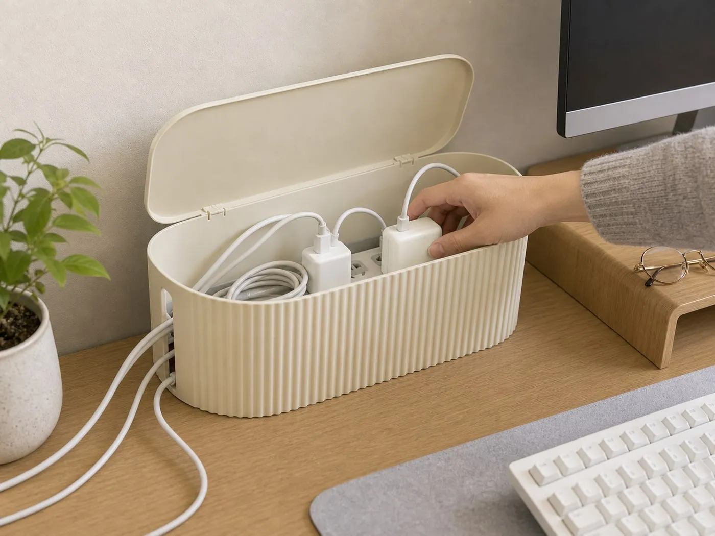 A cream lidded cable box open on a desk with cables exiting through the side and a hand checking the inside