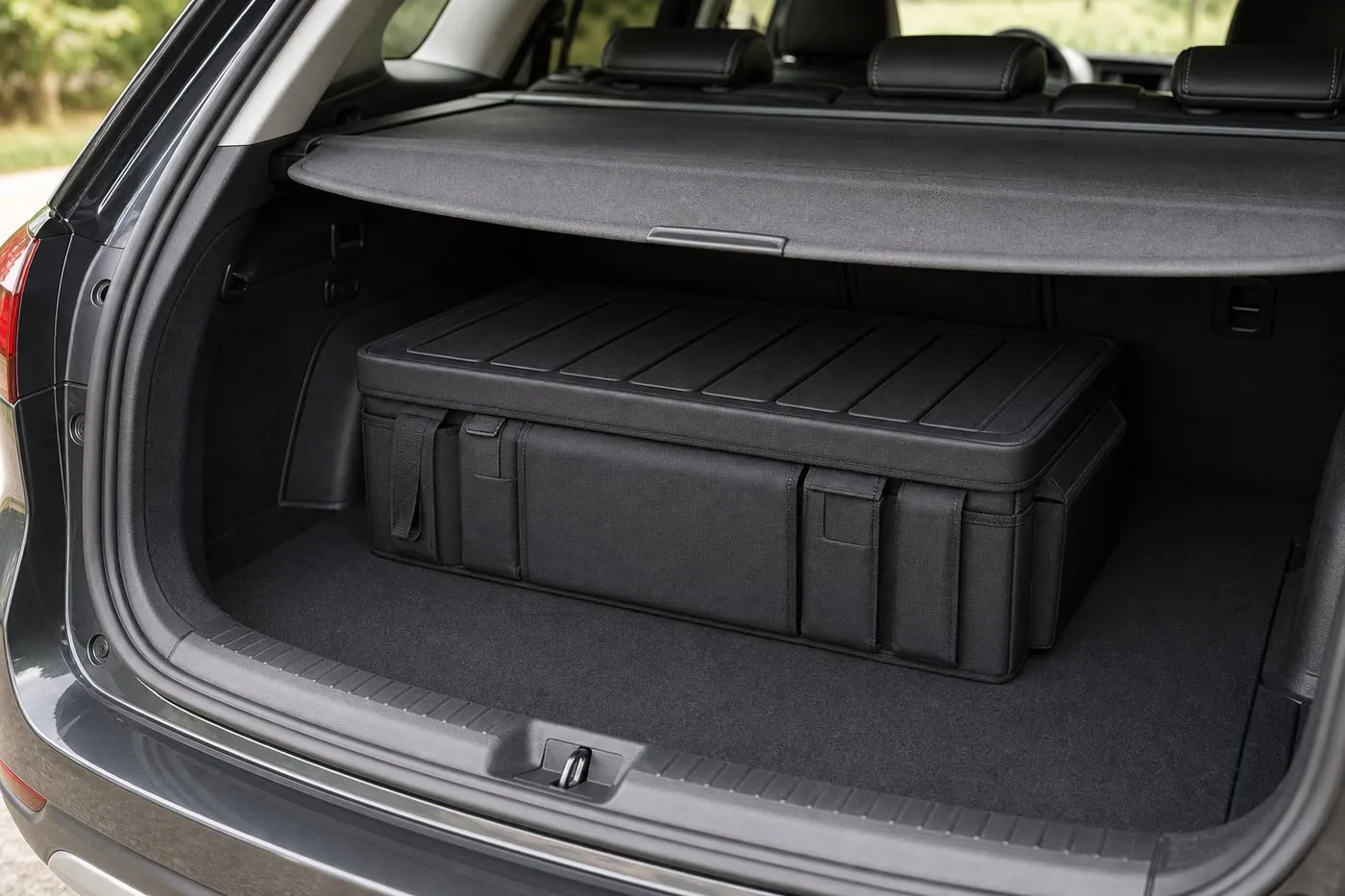 A black folding trunk organizer closed under a cargo cover with vertical clearance visible