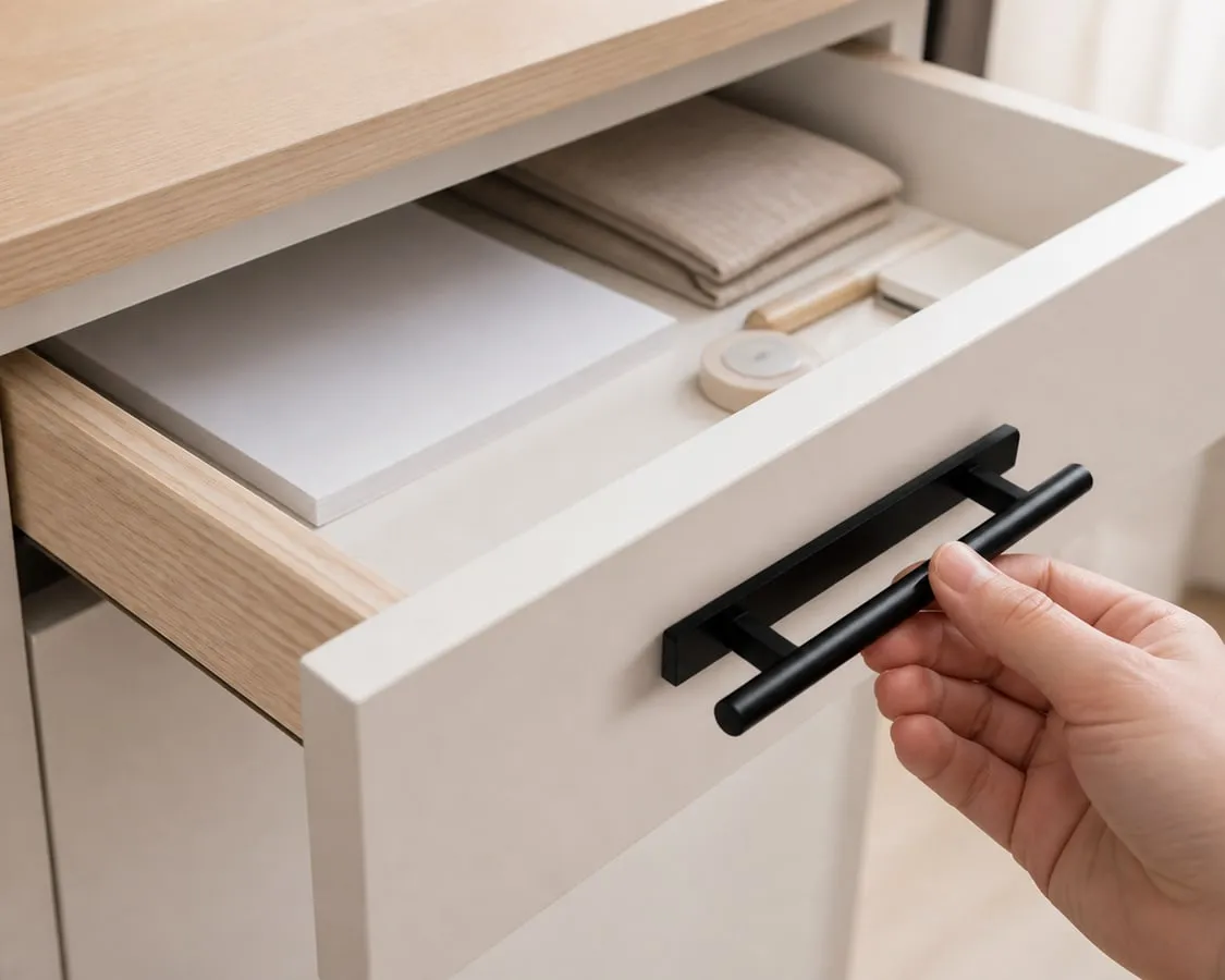 A small light drawer with a black adhesive pull handle being gently opened, with only blank papers and a cloth pouch inside