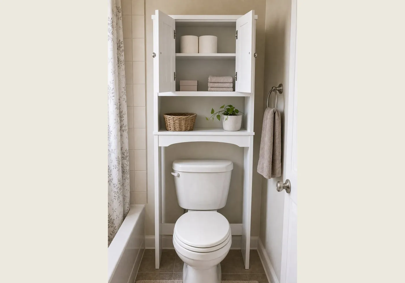 The upper doors of a white over-toilet cabinet opened slightly with spare toilet paper, dry washcloths, and a small empty basket inside