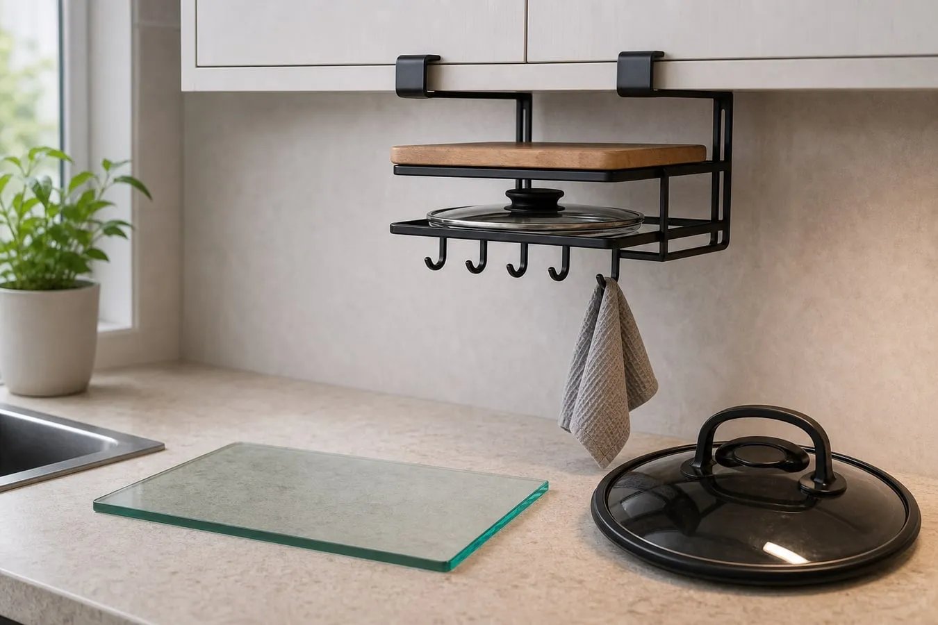 A black under-cabinet rack holding only thin flat items while a thicker glass board and bulky lid sit separately on the counter