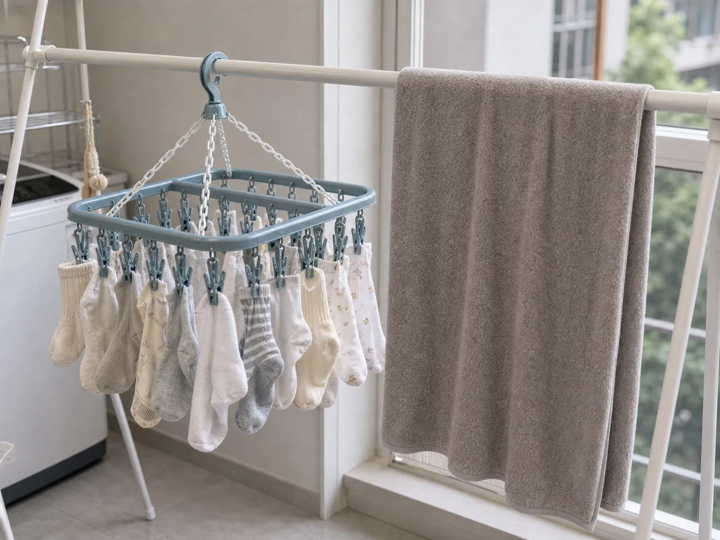 A multi-clip hanger holding socks while a thick towel is placed separately on a regular drying rack nearby
