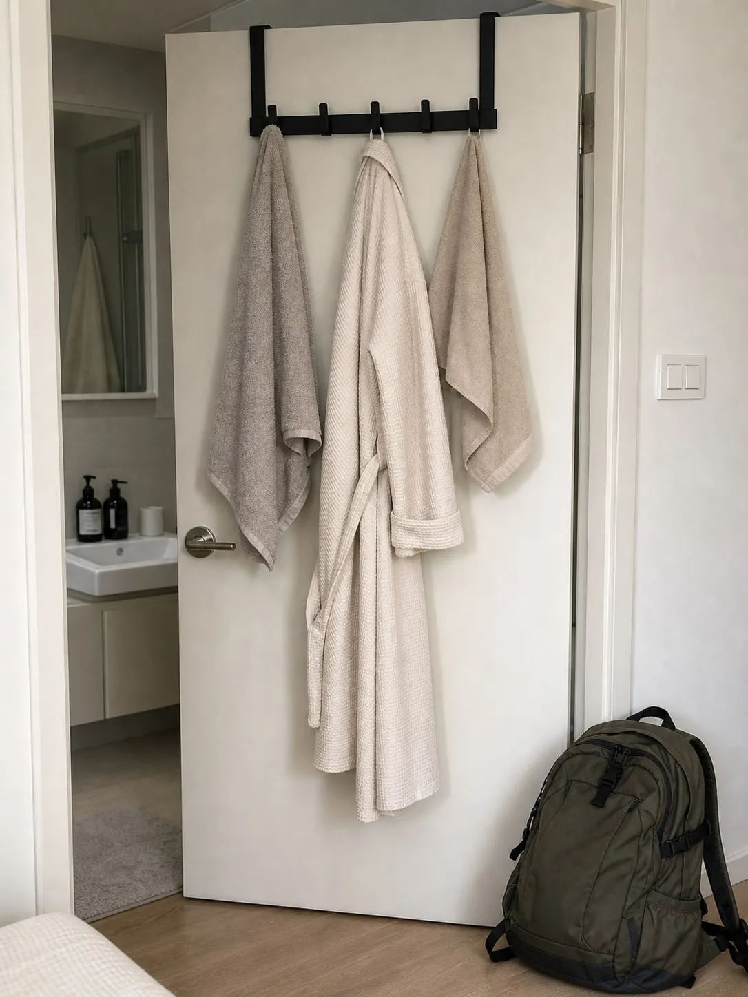 A black over-door hook rack holding towels and a robe while a packed bag sits on the floor nearby