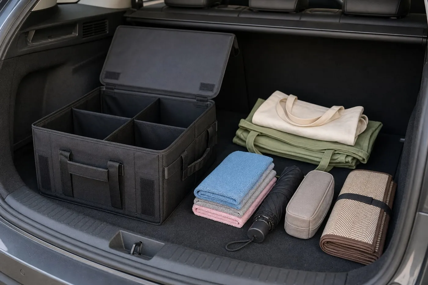 A black trunk organizer beside light everyday items such as reusable bags, towels, an umbrella, and a folded mat