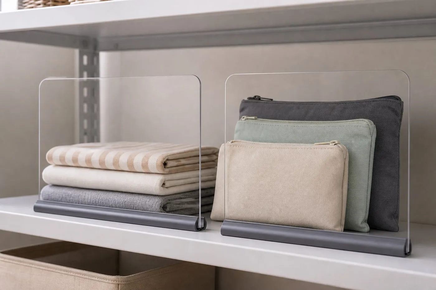 Clear magnetic dividers separating folded cloths and soft pouches on a dry metal shelf