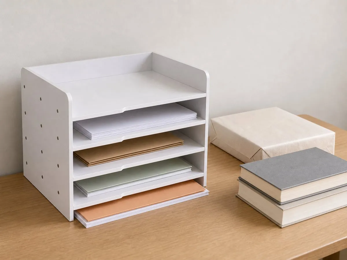 A white paper tray holding only light paperwork while thicker paper stacks and books sit beside it on the desk