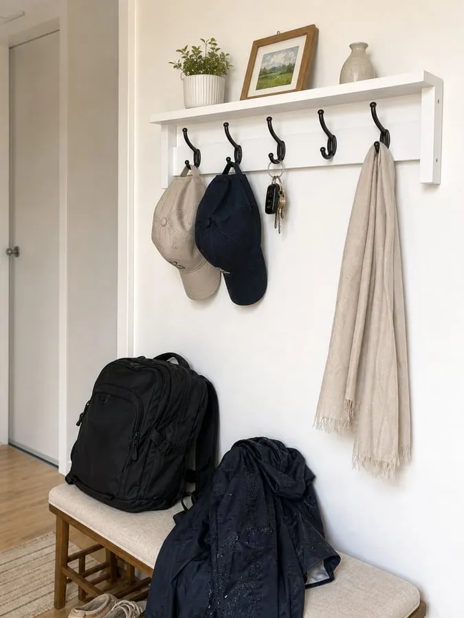 A wall rack holding caps, keys, and a light scarf while a backpack and wet coat stay on the bench below