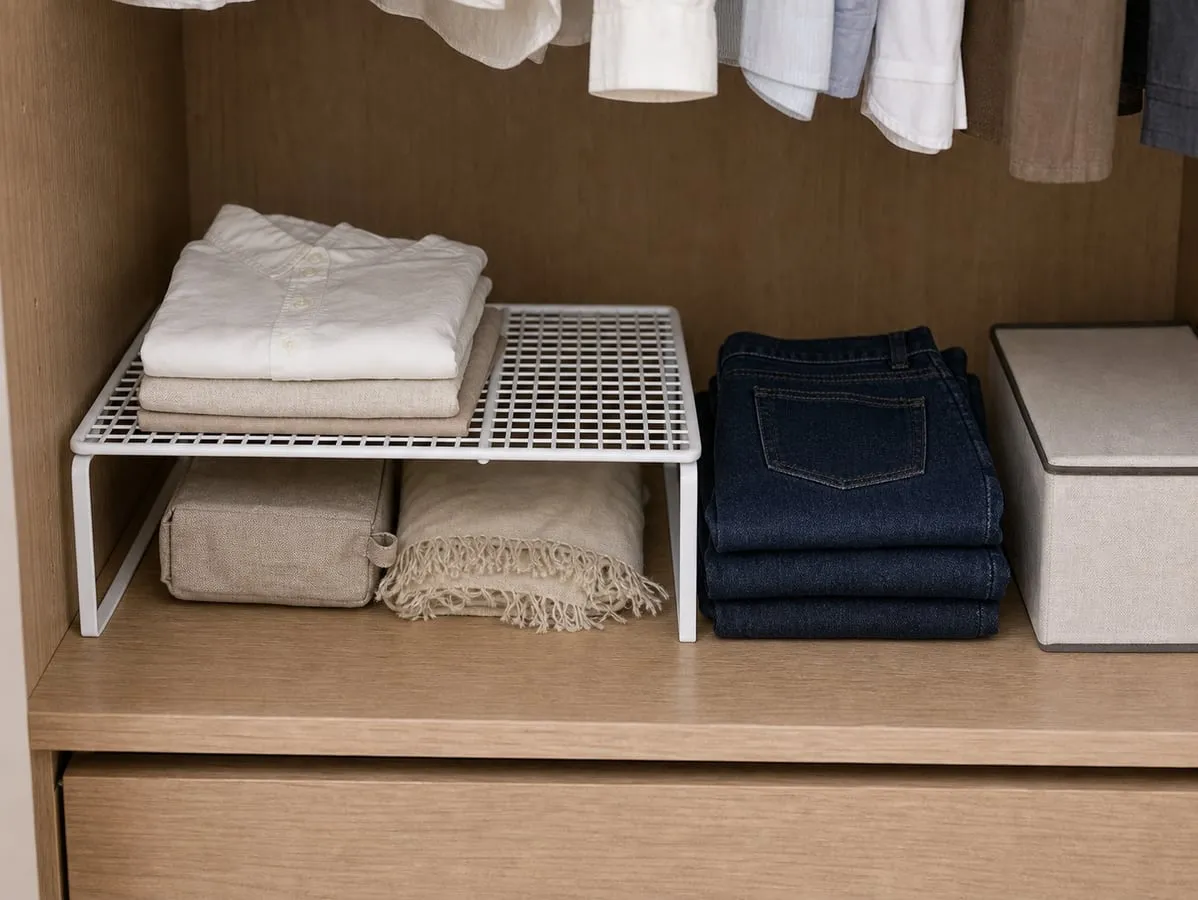 A white shelf riser holding only folded shirts and a pouch while heavier jeans and a dense storage box sit beside it on the fixed shelf