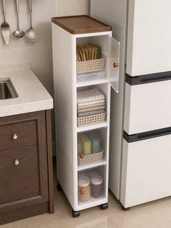 A white slim rolling cabinet with a front door slightly open, light packets and cloths on upper shelves, and a few small jars near the lower shelf
